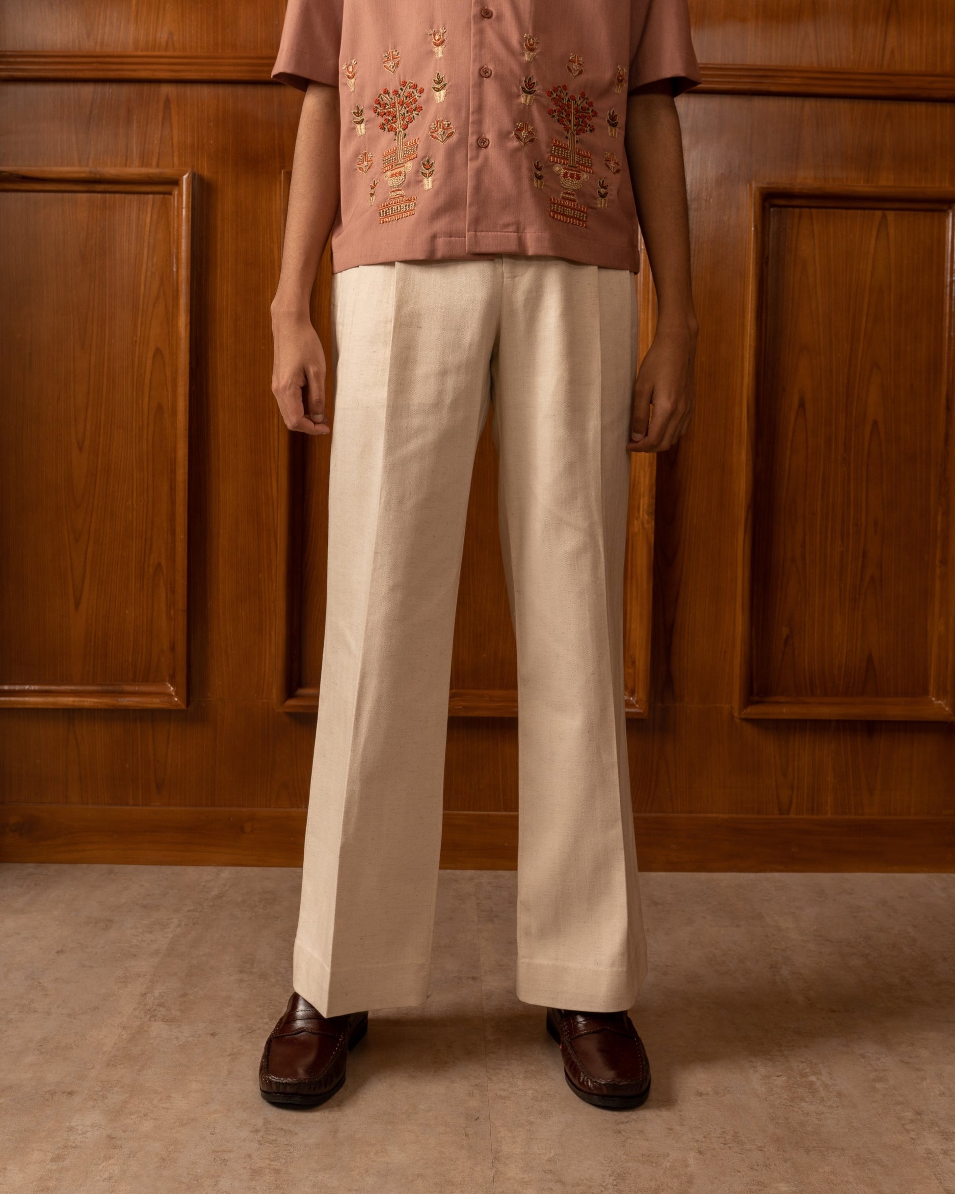 Cream High Waisted Wide Herringbone Pants