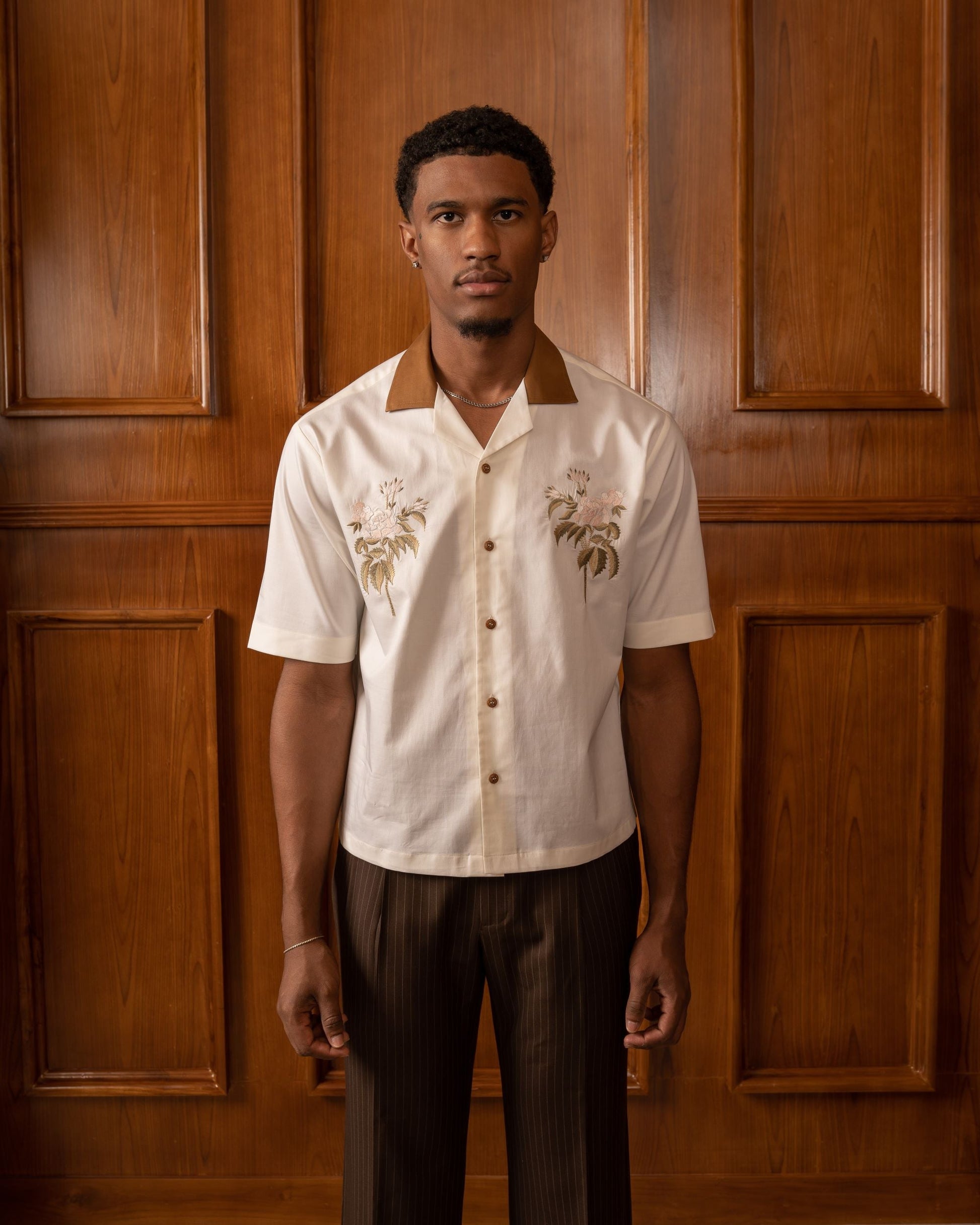 Cream Contrast Collar Embroidered Shirt