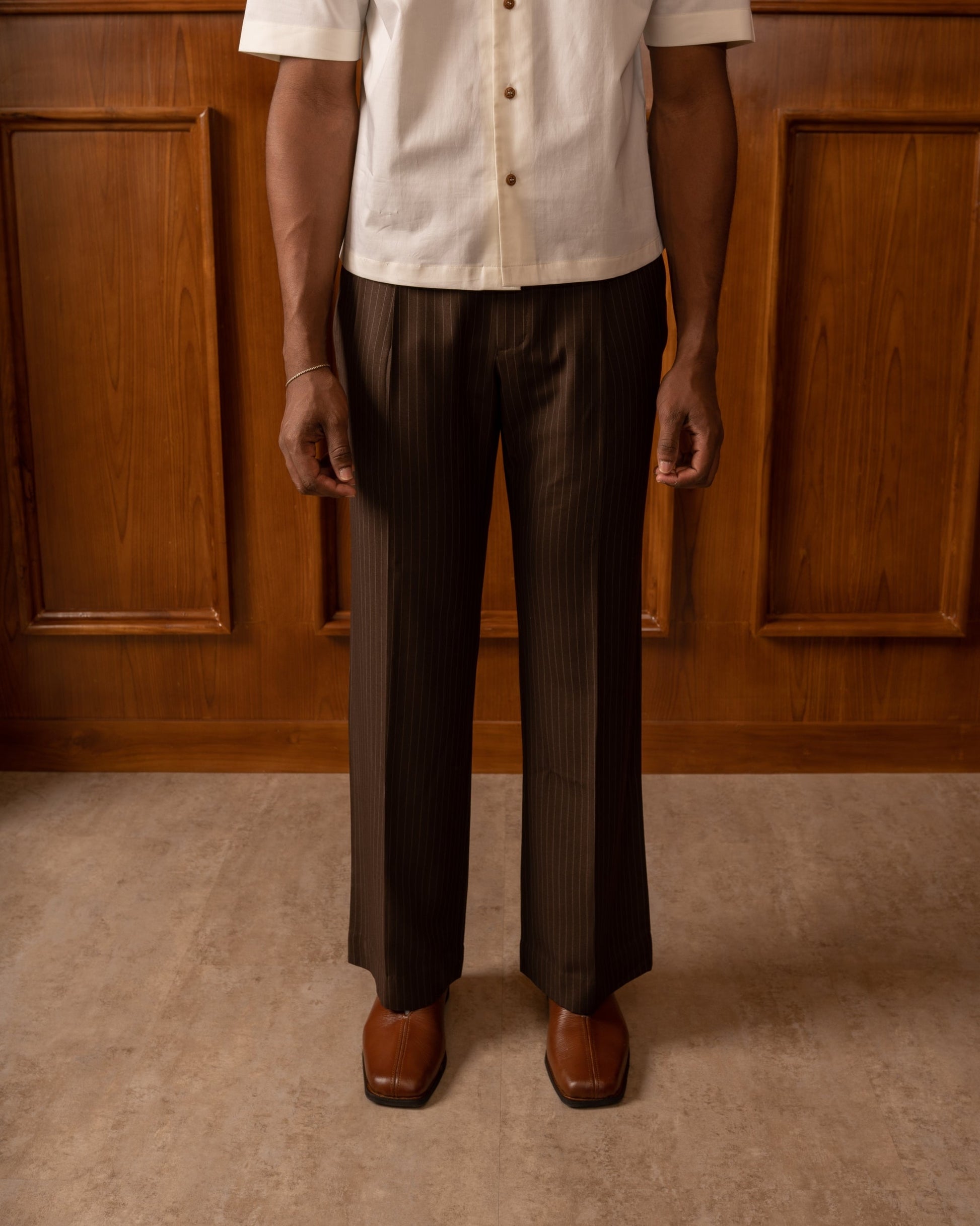 Brown Flare Cut Pinstripe Pants