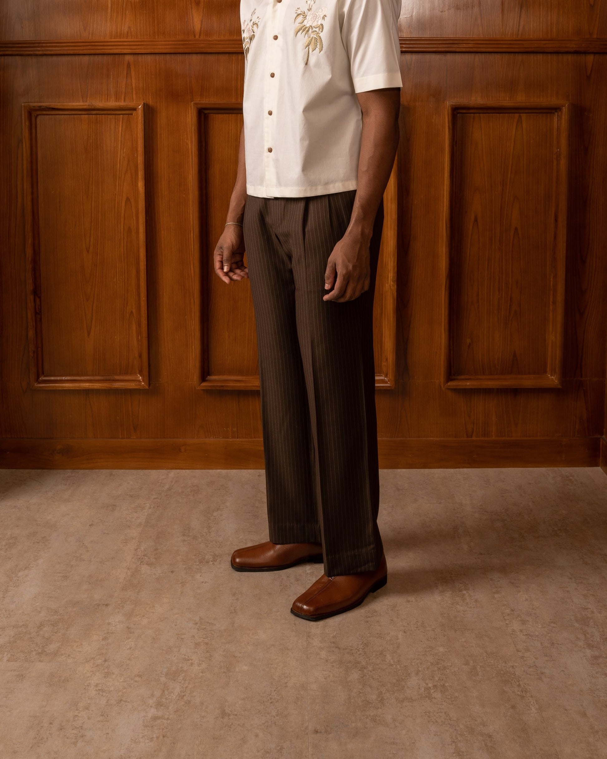 Brown Flare Cut Pinstripe Pants