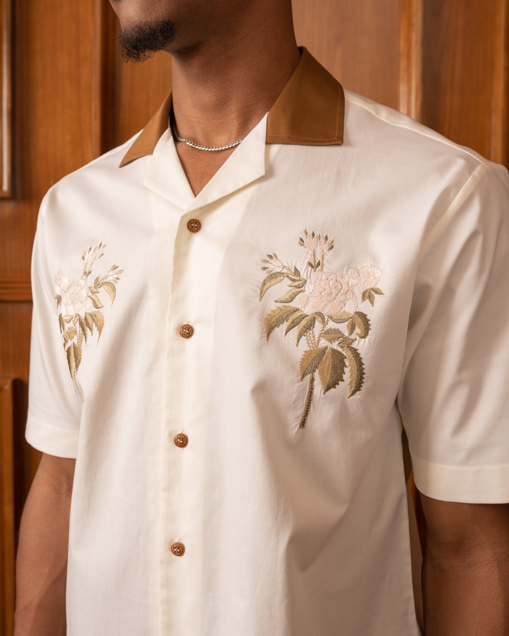 Cream Contrast Collar Embroidered Shirt