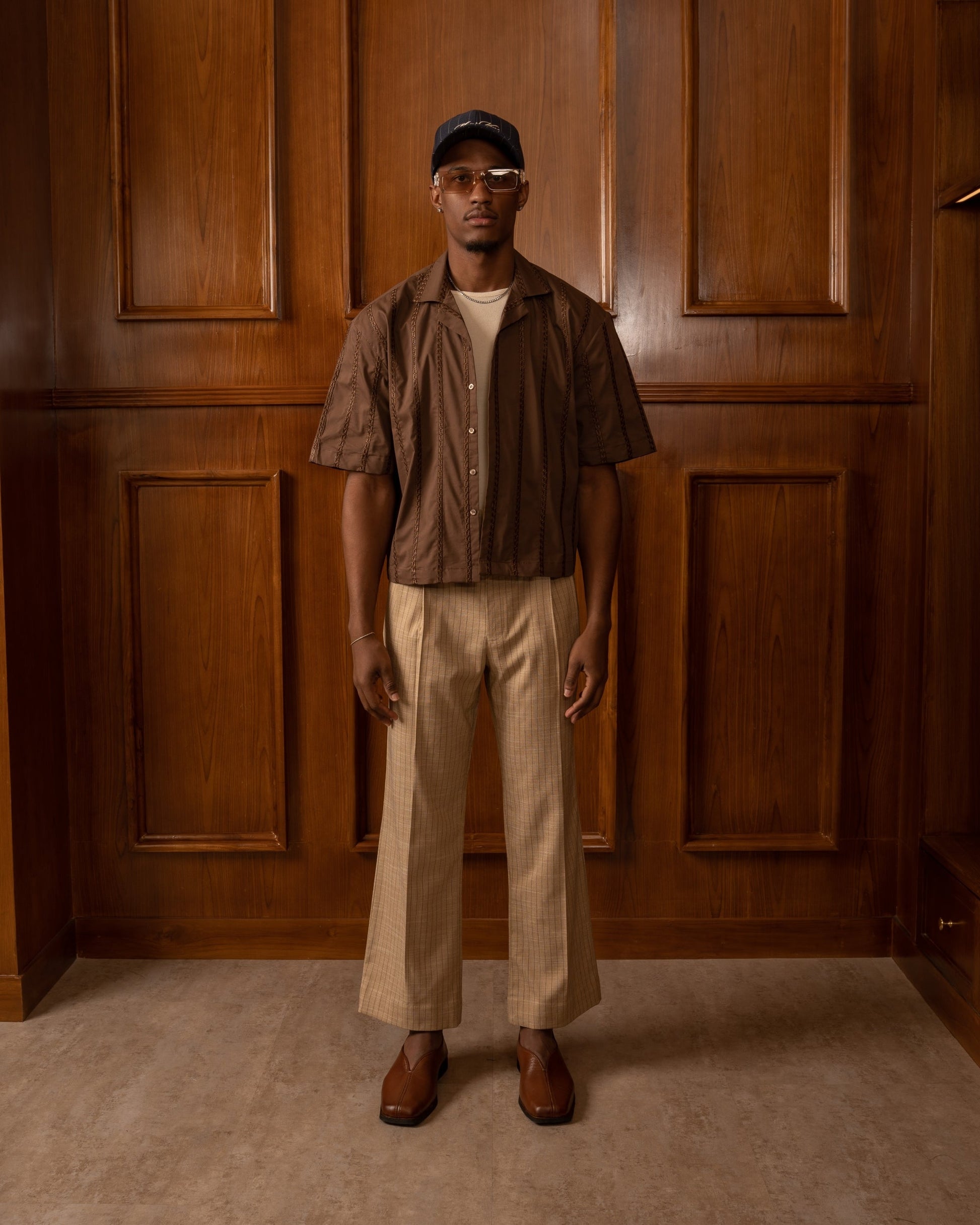 Boxy Cropped Brown Tambour Embroidered Shirt