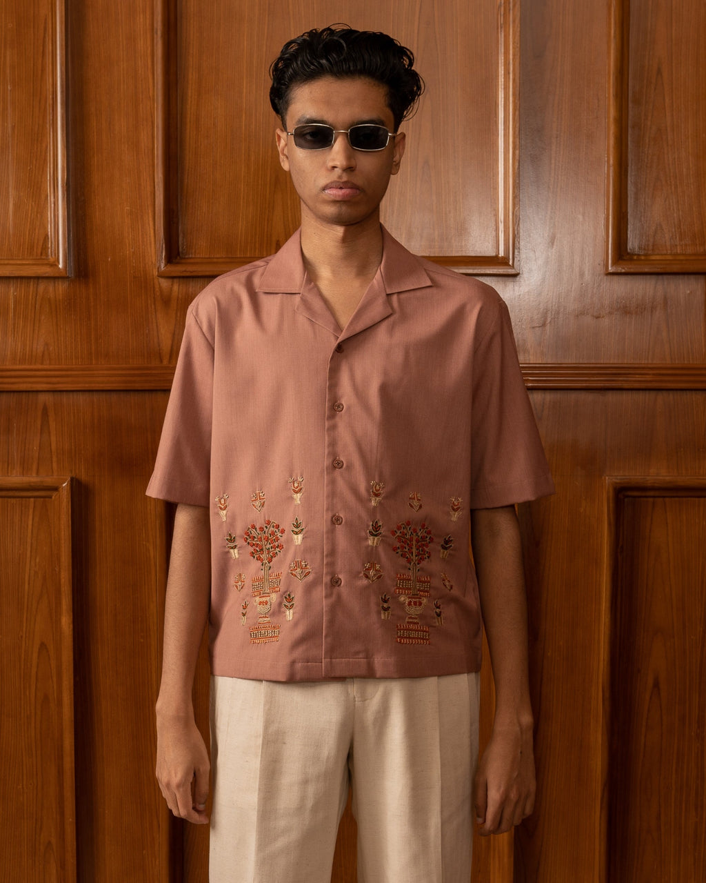 Boxy Cropped Mauve Embroidered Shirt