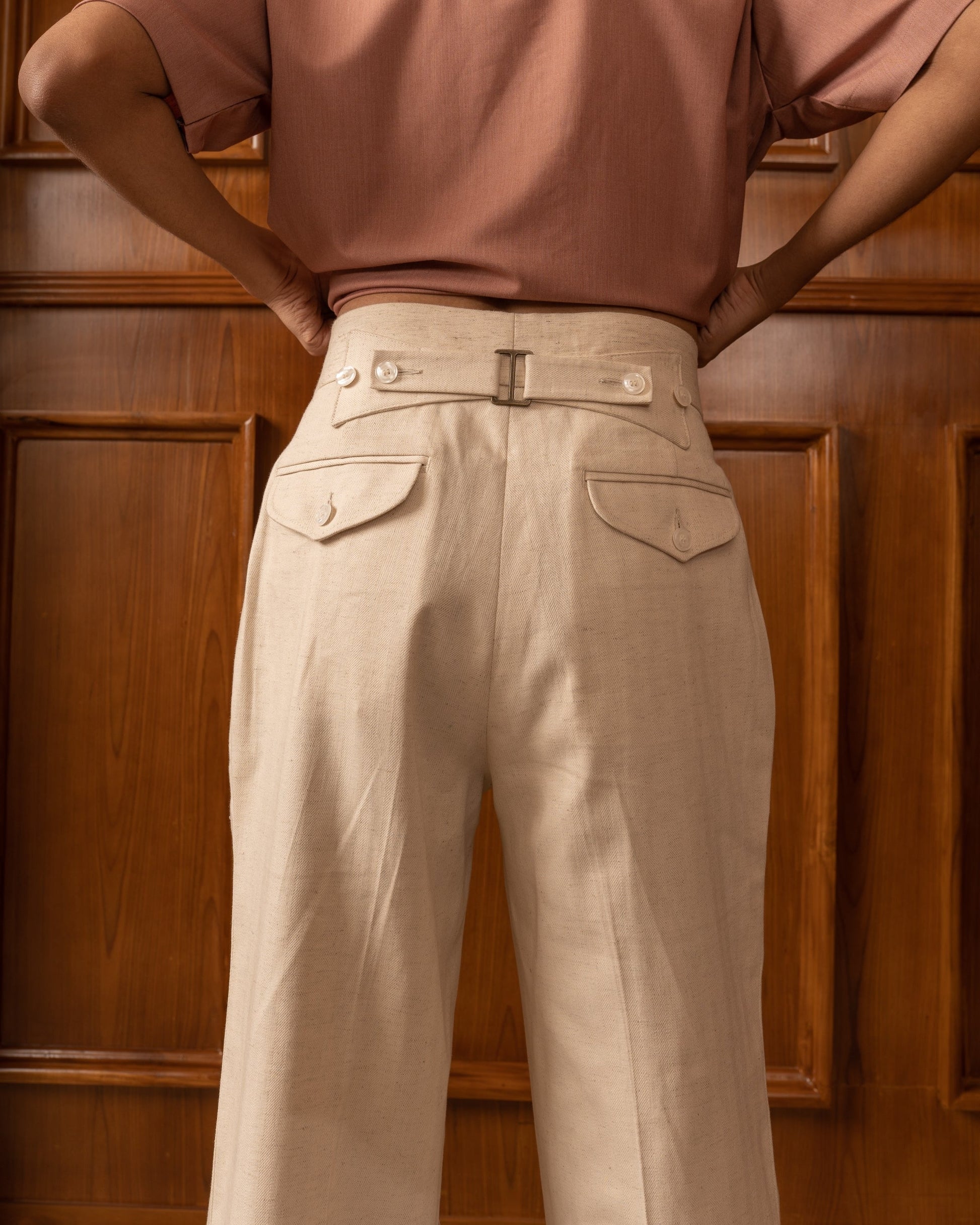 Cream High Waisted Wide Herringbone Pants
