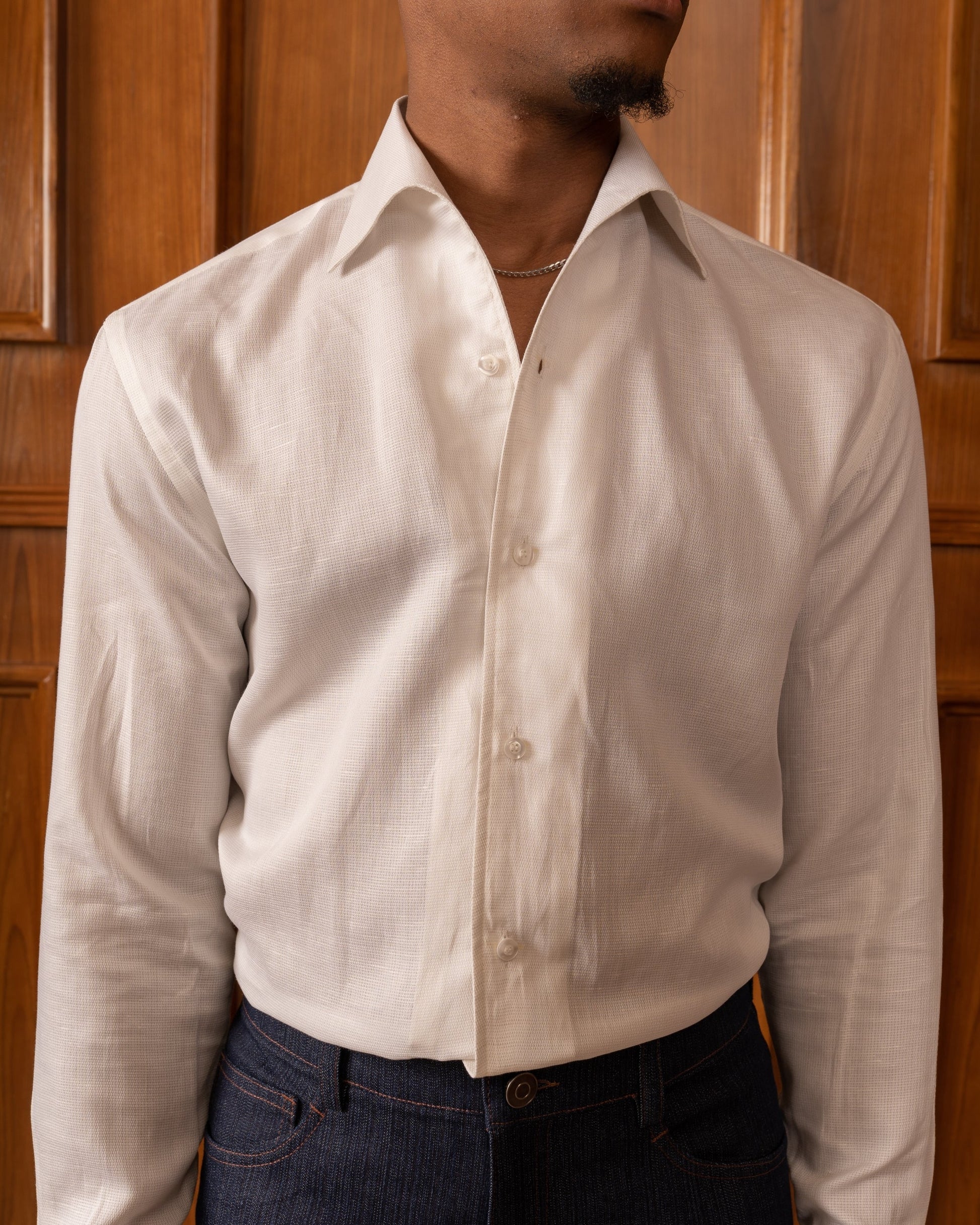 Cream Textured Rolled Collar Shirt