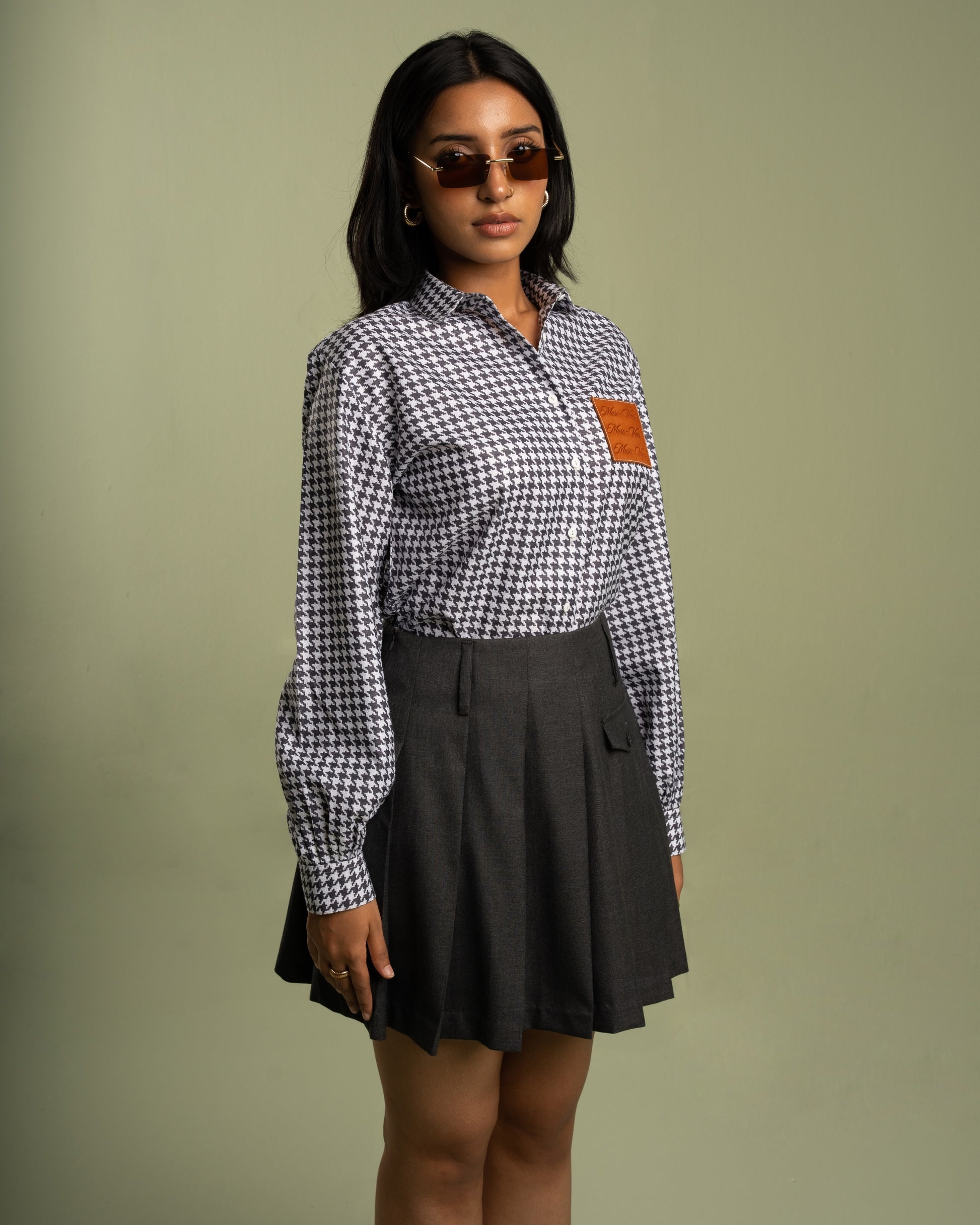 Houndstooth Leather Patch Shirt