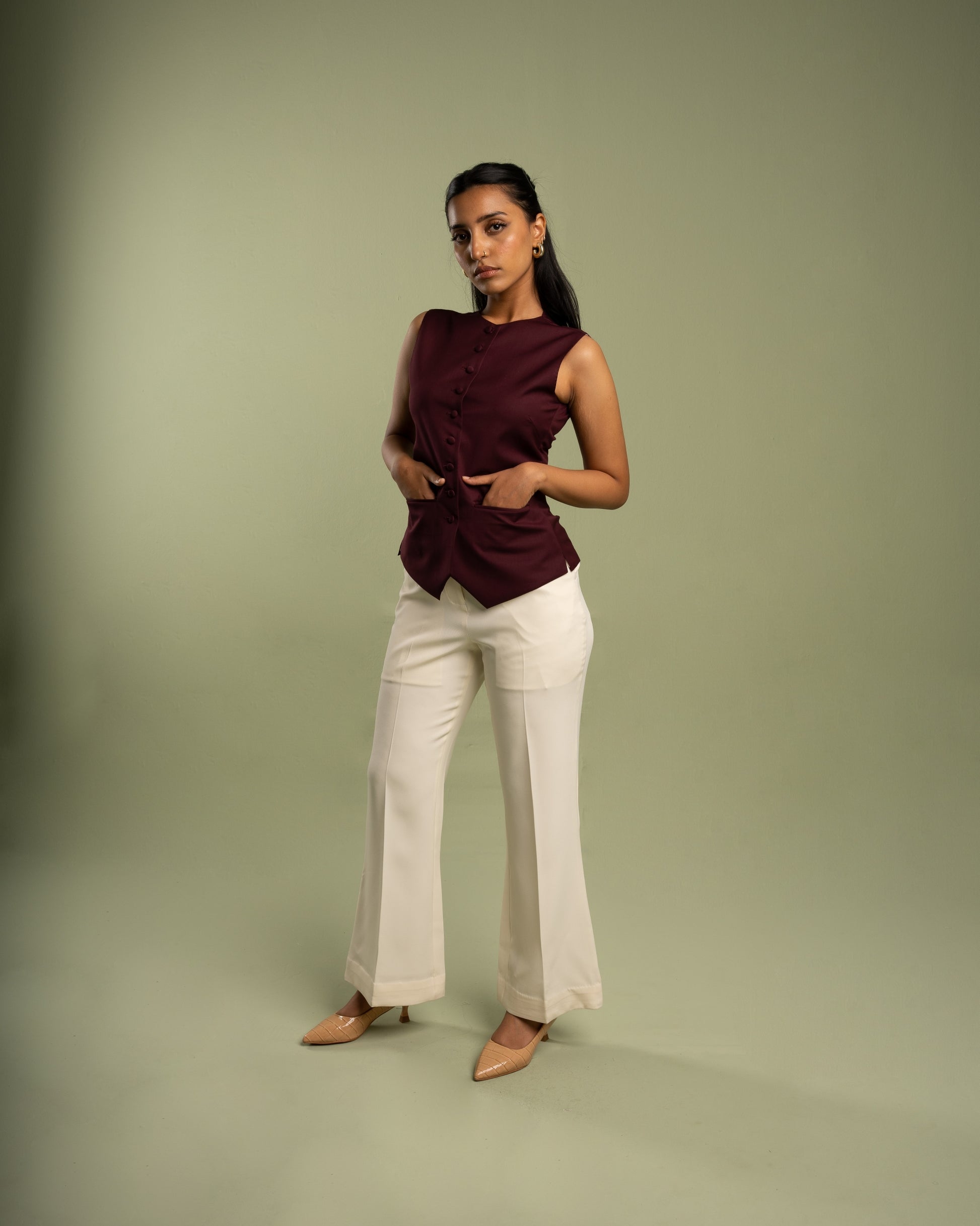 High-waisted Cream Flare cut Pants