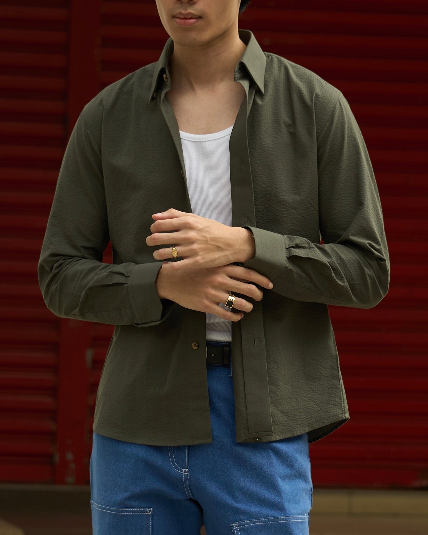 Olive Seersucker Shirt